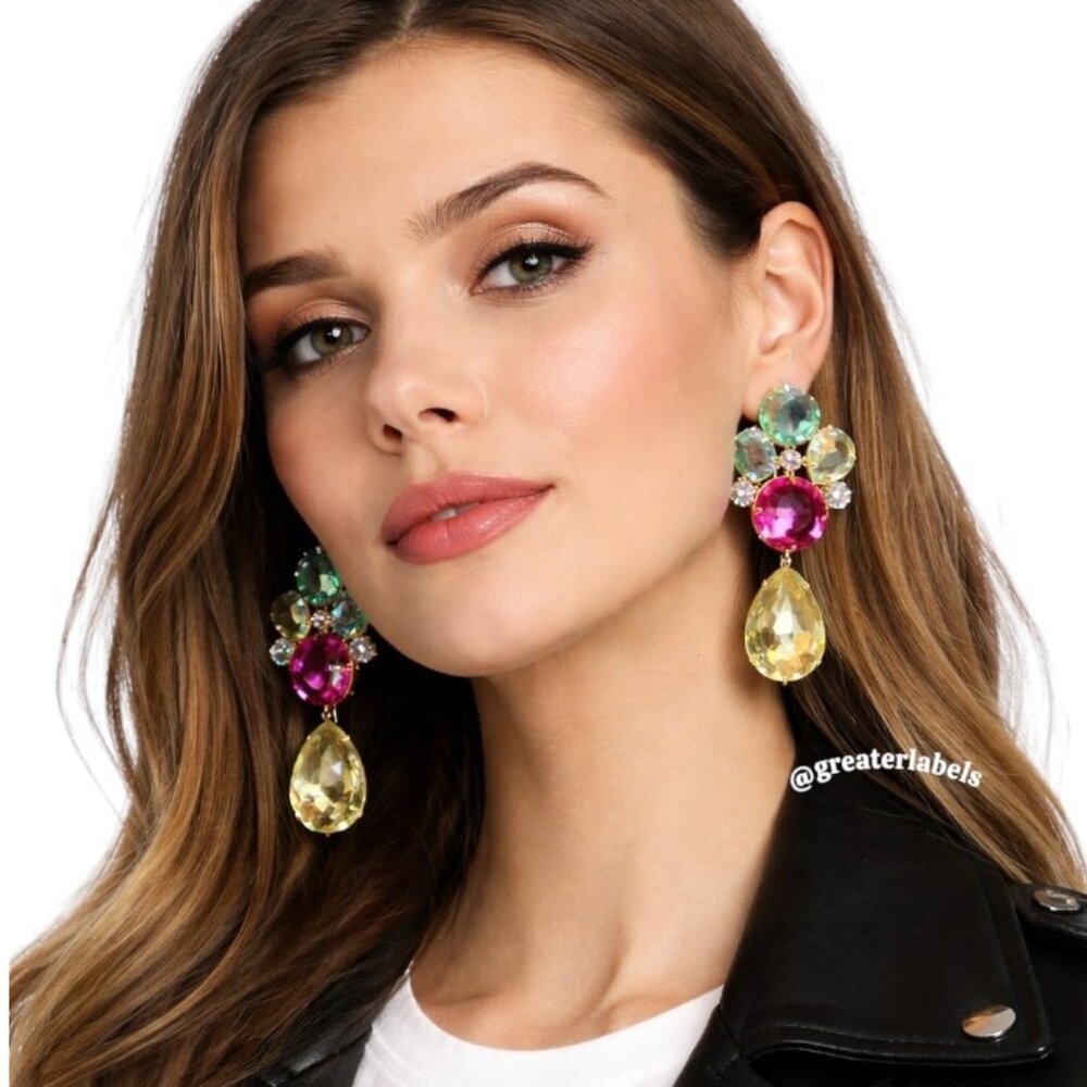 Kenneth Jay Lane Vtg '90s Oversized Colorful Rhinestone Chandelier Earrings